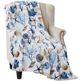 Ocean Life Coastal Throw T?ppe: Bl?d plys fl?jl fleece blues gr? og beige brun p? hvid accent med skaller koral og s?stjerner (koralrev)