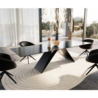 Esstisch Edge 300x100 Reliefglas Rauchschwarz 3D-Design V-Gestell Flachstahl Schwarz