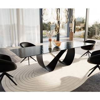 Esstisch Edge 300x100 Reliefglas Rauchschwarz 3D-Design Infinity Metall Schwarz