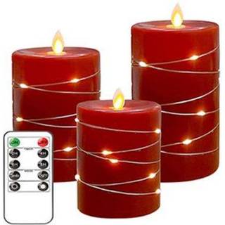 LED Bloklys 3 stk sæt med lyskæde, flammeeffekt - Ø7,5cm, 10/12,5/15cm høj, inkl. fjernbetj, timer, ægte stearin, Rød