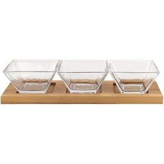 Homeroots Clear 4 Mouth Blown Crystal Hostess Set 4 PC med 3 Glass Satsiment eller Dip Bowls på ett träbricka