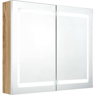 badeværelsesskab med spejl + LED-lys 80x12x68 cm egetræ og hvid
