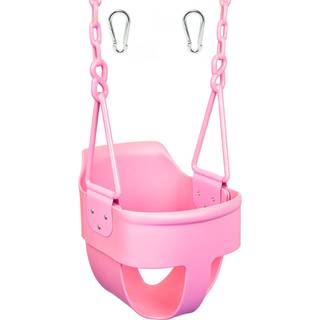 Premium High Back Full Bucket Toddler Swing Seat With Finger Grip Plastic Coated Chains for Safety and Carabiners for Easy Install - Pink - Squir