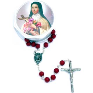 Religi?se gaver rose duftende udsk?rne tr? b?nner perle 19 tommer rosenkrans med Saint St Theresa -sagen