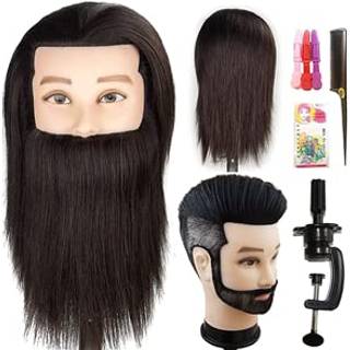 Jmhair professionel barber mandlig mannequinhoved med menneskehårmænd, der træner manikin kosmetologi dukkehoved kort hårskæring (sort med skæg)