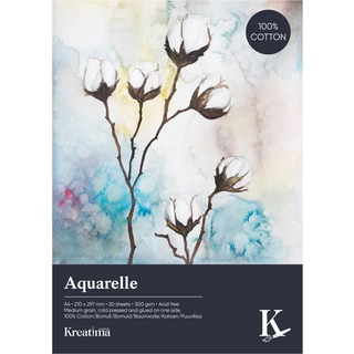 Kreatima Watercolour akvarelblok 100% bomuld A4 (210×297 mm), 20 ark, 300 g/m²
