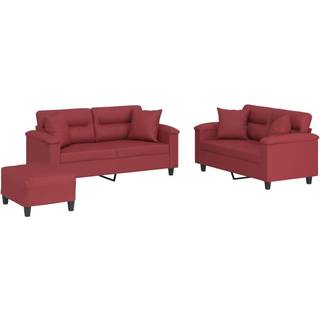 sofasæt 3 dele med puder kunstlæder vinrød