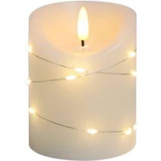 LED Bloklys med lyskæde, 10cm høj, flammeeffekt - Ø7,5cm, 10cm høj, virker m. fjernbetj, ægte stearin
