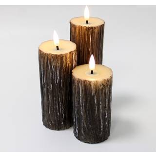 LED Træ-look bloklys 3 stk sæt, smelte-look, flammeeffekt - Ø5,5cm, 10/12,5/15cm høj, Inkl fjernbetj, ægte stearin