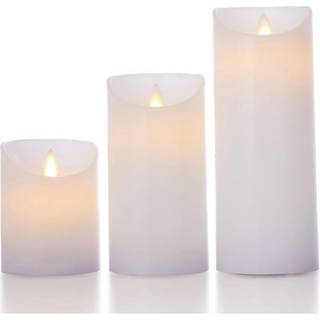 LED Bloklys, 3 stk, Ø7,5cm, bevægelig flamme, hvid - Inkl. fjernbetjening og timer, 10/15/20cm høj, ægte stearin
