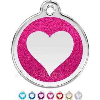 R?d Dingo rustfrit st?l med glitter Pet I.D. Tag - hjerte (lilla medium)
