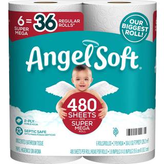 Angel Soft toiletpapir 6 Super Mega Rolls = 36 Regelmæssige ruller Soft og stærkt toiletvæv