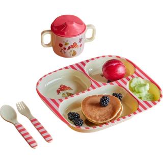 RICE Babyspisesæt i melamin - Pink Happy Forest Print - 4 dele