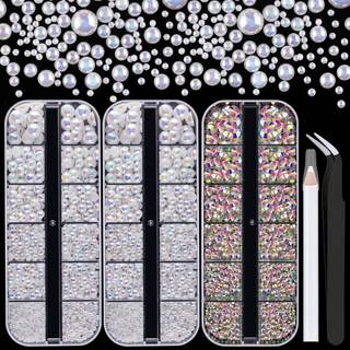 4000pcs fladback rhinestones og halv runde perler s?t #32 Multi size glas AB krystaller plast flad baghvide ab kuppel perle med pickup blyant og