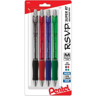 Pentel RSVP Super RT Ballpoint Pen (1,0 mm) Medium Line Assortered Ink (ABCD) 4 -PK - BX480BP4M