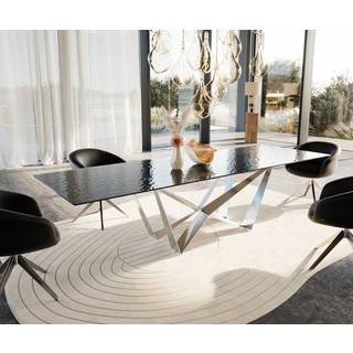 Esstisch Edge 300x100 Reliefglas Rauchschwarz 3D-Design Spider Flachstahl Edelstahl - Schwarz