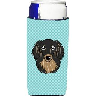 Checkerboard Blue Longhair Dachshund Ultra Beverage Isulators til slanke dåser