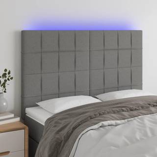 sengegavl med LED-lys 144x5x118/128 cm stof mørkegrå