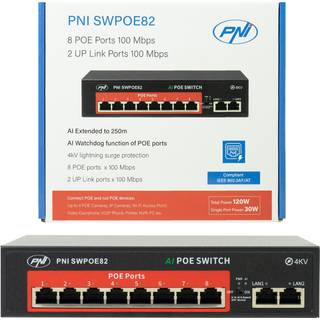 PNI SWPOE82 PoE-switch med 8 x 100 Mbps PoE-porte, AI Extend-funktion op til 250m