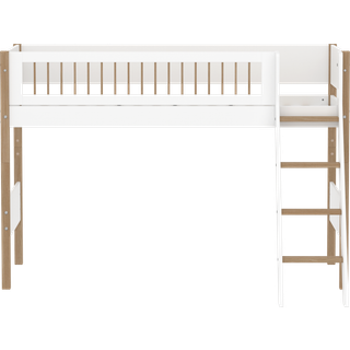 Højseng 143 Cm Med Stige Og Sengehest, 90x200 Cm, Hvid/eg