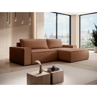 Højre hjørnesofa i brunt lædereffektstof AMELIA