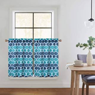 Caromio cafe gardiner 36 tommer l?ngde geometrisk trykte niveau gardiner til k?kken sm? halvvindue gardiner til badev?relse marinebl?/teal