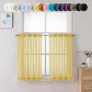 ChyHomenyc Sheer Yellow Tier Gardiner 24 tommer længde Lille vinduesgardiner behandling til badeværelse stue kælder kort stang lomme café gardine