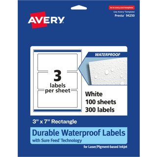 Avery holdbare vandttte rektangulre etiketter Sure Feed Technology 3"""" x 7"""" 300 totalt olie- og rivefaste vandttte etiketter Print-to-The Edg