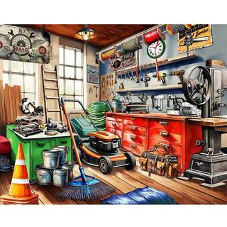 Springbok Tool Man's Garage 1000 brikker puslespil til voksne - farverig garage fyldt med en handyman's gear