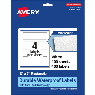 Avery holdbare vandttte rektangulre etiketter Sure Feed Technology 2"""" x 7"""" 400 totalt olie- og rivefaste vandttte etiketter Print-to-The Edg