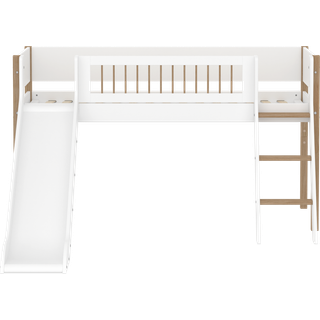 Højseng 120 Cm Med Rutsjebane, Stige Og Sengehest, 90x200 Cm, Hvid/eg