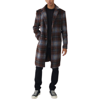 Mens Single Breasted Check Overcoat In Blue