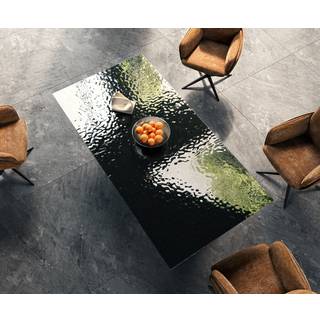 Esstisch Edge 200x100 Reliefglas Rauchschwarz 3D-Design V-Gestell Flachstahl Schwarz