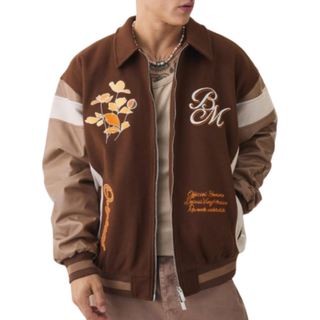 Mens Oversized Floral Badge Collared Varsity Jacket In Brown