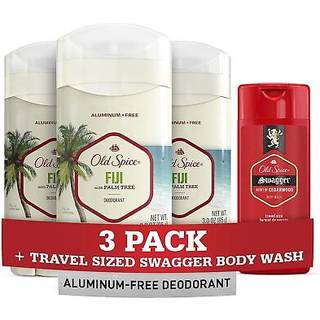 Old Spice mnds deodorant aluminiumsfri Fiji med palmetr 3 oz (pakke med 3) med Swagger Body Wash i rejsestrrelse