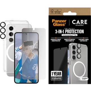 Samsung Galaxy S25+ (Plus) - CARE by PanzerGlass 3-i-1 FLAGSHIP Bundle - Cover / Privacy Skærmbeskyttelse (UWF) / Kamerabeskyttelse - Gennemsigtig / Sort