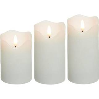 Sæt LED Bloklys 10cm høj, flammeeffekt, hvid - Ø7,5cm, 10/12,5/15cm høj, virker m. fjernbetj, timer, ægte stearin