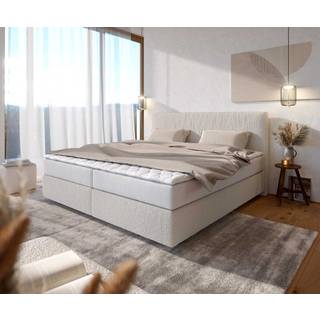 Boxspringbett Dream-Well Bouclé Creme-Weiß 200x200 cm mit Taschenfederkernmatratze und Topper Visco