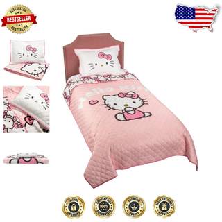 Jay Franco Hello Kitty Pink Stripes & Hearts Twin Size Quilt & Sham Set - Super Soft Lightweight Bed Bedton Set