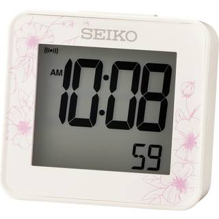 SEIKO digitalt vækkeur med bip-alarm, hvid med lyserøde blomster