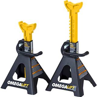 Omega Lift 32038 3 ton Jack Stands Pair - Heavy Duty Double Locking Pins - Handle Lock and Mobility Pin til Auto Repair Shop Black/Yellow