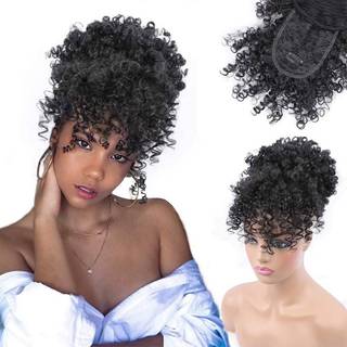 Benk?mpede stilarter Tegn -hestehale med Bangs Afro Puff Ponytail Extensions for Women Short Curly Puff Ponytail With Bangs Clip i Wrap Updo Hair
