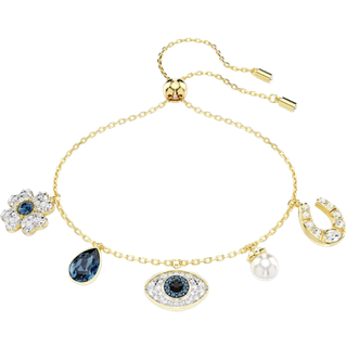 Symbolica Armband, Kristallperle, Glücksklee, „Evil Eye“ und Hufeisen, Blau, Goldlegierungsschicht