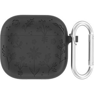AirPods 4 Etui i flydende silikone med blomstermønster og karabinhage - mørkegrå