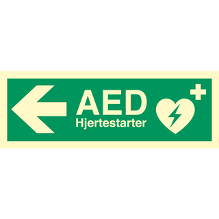 Hjertestarter/AED, med pil, venstre - efterlysende, plast 105 X 297 mm
