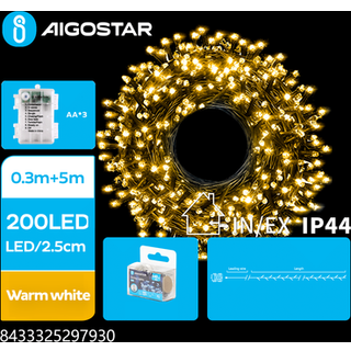 5m varm hvid batteri LED lyskæde - 200 LED, 8 lysspil, IP44, grøn/sort ledning