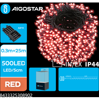 25m rød batteri LED lyskæde - 500 LED, 8 lysspil, mørkegrøn ledning