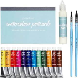 Mal flotte postkort med akvarelfarve! Akvarelblok, 12×8 ml farve + 2 pensler