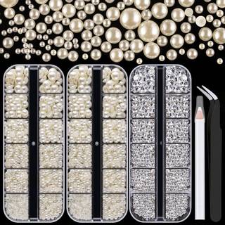 4000pcs fladback rhinestones og halvt runde perler s?t #26 Multi size glas rydde krystaller plast flad ryg beige kuppel perle med pickup blyant o