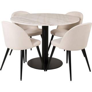 EstelleØ106WHBL spisebordssæt spisebord hvid, marmor og 4 Velvet stole fløjl beige, sort.